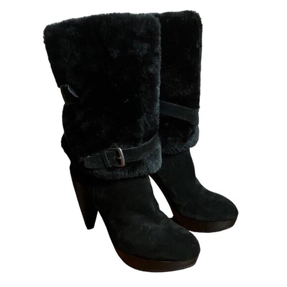 Nine West Priska Suede Platform Faux Fur Black Booties Boots Heeled US Size 7.5M - Picture 1 of 13